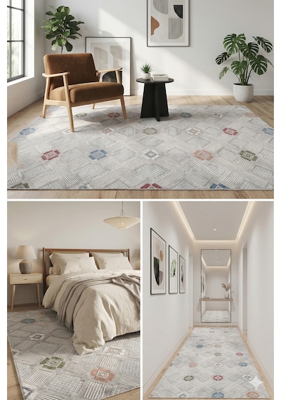 Villadia Home Textile Kaymaz Taban Modern Desen Halı Yolluk Leke Tutmaz Kolay Temizlenir Koridor Salon Yatak Mutfak Odası Vd4047multi Multi