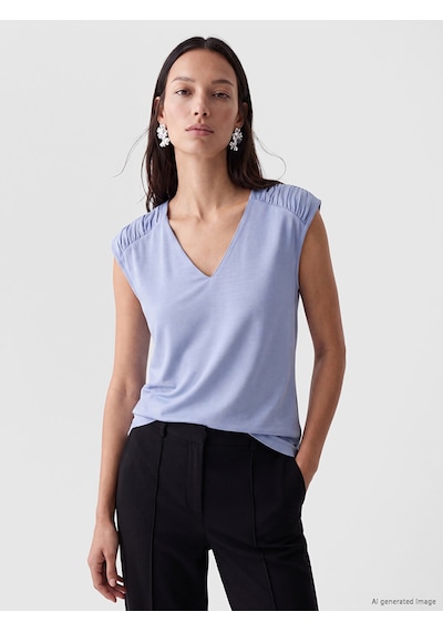 Lcw Everyday Mavi V Yaka Soft Touch Büzgülü Bluz