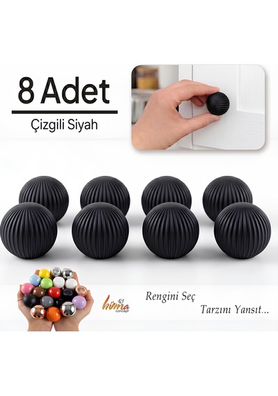 8 Adet Sert Plastik Düğme Yuvarlak Top Çizgili Siyah Dolap Mobilya Mutfak Dolabı Çekmece Kulbu Kulpu Kulplar