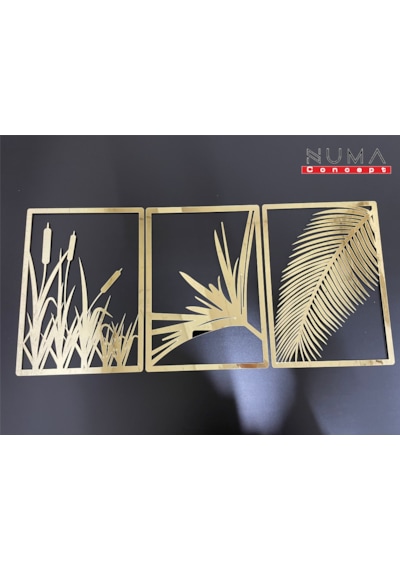 Yaprak Ve Sazlık 3'lü Tablo Mdf Üzeri Gümüş Pleksi Duvar Dekorasyon Her Biri 35x25 Cm 001