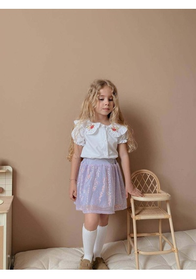 Miniko Kids Kız Çocuk Kısa Kol Gömlekli Pullu Etekli Bayramlık Takım Lila
