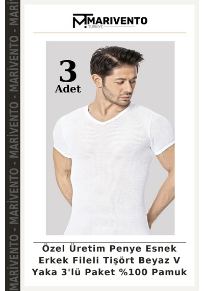 Marivento Özel Üretim Penye Esnek Erkek Fileli Tişört Beyaz V Yaka 3'lü Paket %100 Pamuk