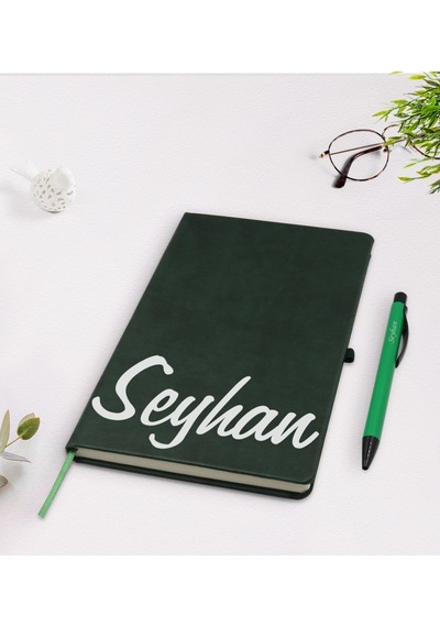 Bitmeyenkartus Kişiye Özel El Yazılı Yeşil Termo Deri Defter Kalem Seti Model 2