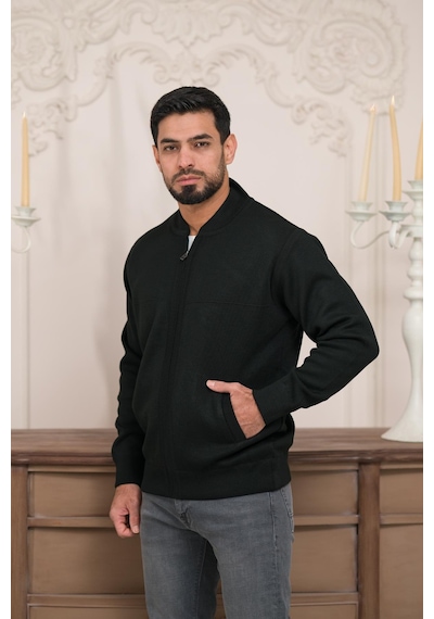 Woolen World Pilot Yaka Fermuar Kapamalı Klasik Kesim Astarlı Çelik Örgü Hırka Siyah