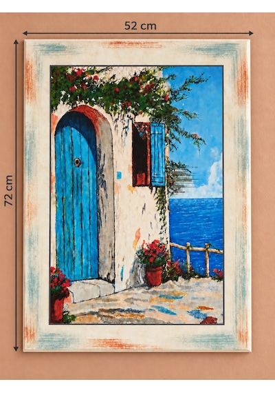 Ahşap Eskitme Yağlı Boya Desenli Sahil Evi Deniz Manzaralı Dekoratif Ahşap Tablo 52x72 Cm