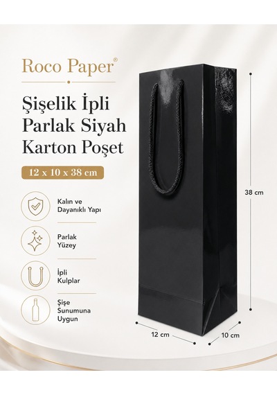 Şişelik İpli Siyah Karton Poşet, 1 Adet - 12x10x38 Cm, Kalın Yapı