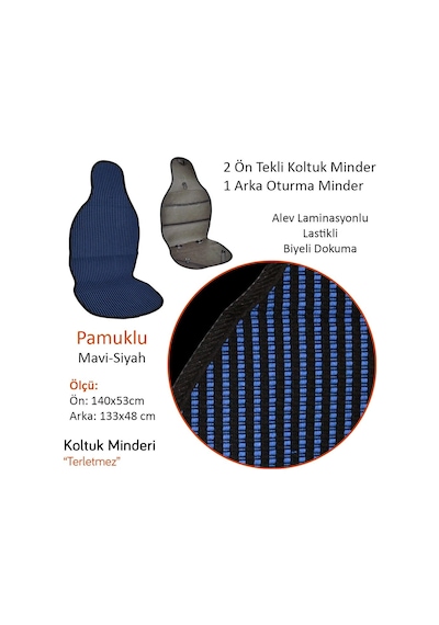 Nyf 07 Terletmez Minder Pamuklu Mavi-siyah 3 Lü Set 2 Ön Pilot + 1 Arka Oturma
