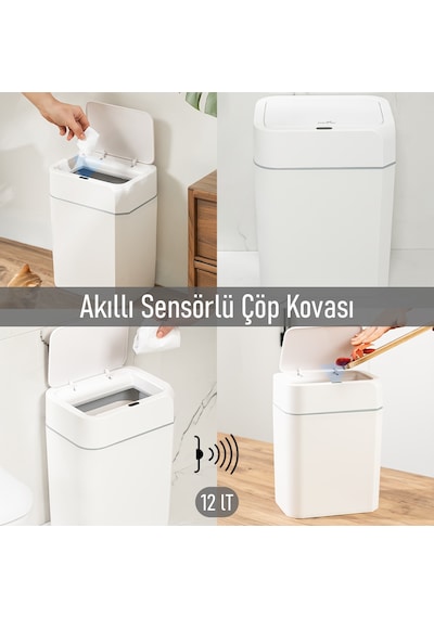 Porsima 4147 Hareket Sensörlü Sessiz Kapatma Çöp Kutusu Banyo Mutfak Çöp Kovası Kapaklı Banyo Çöp Kovası Beyaz