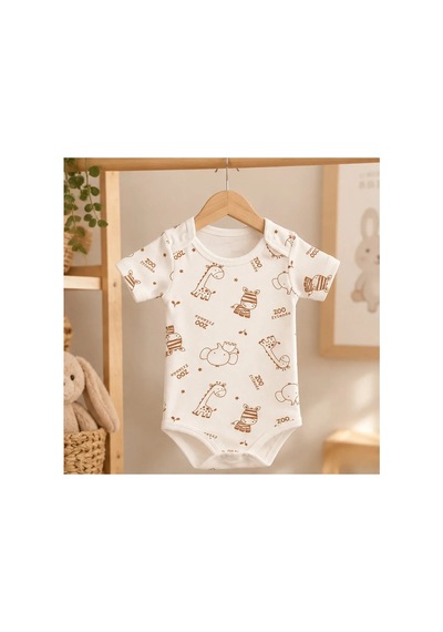 Cantaz Unisex Bebek Safari Hayvan Desenli %100 Pamuk Kısa Kollu Çıtçıtlı Body Zıbın Krem