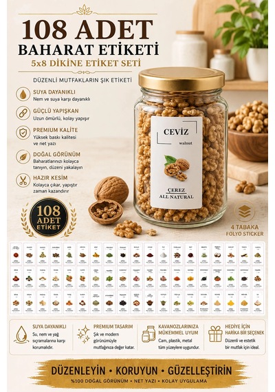 Renkli Kavanoz Etiket Seti-108 Adet Baharat, Bakliyat, Ot Ve Kuruyemiş Etiketi-5x8cm Folyo Sticker Beyaz