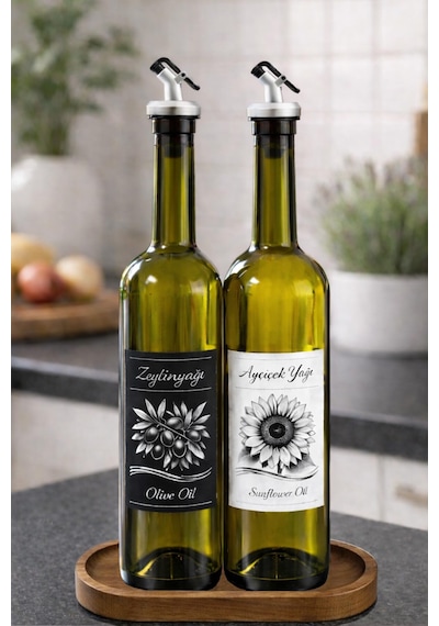 Ahşap Standlı Zeytinyağı Ve Ayçiçek Yağı Şişesi Seti, Etiketli Ve Gri Yağdanlıklı, 750 Ml, 2 Adet