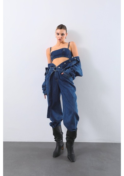 Kadın Oversize Jean Tulum Koyu Mavi 001