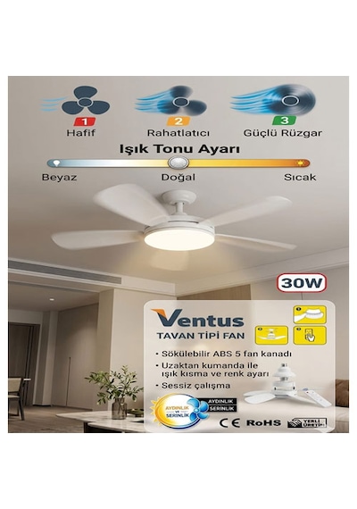 Ventus Sessiz Çalışma 5 Fan Kanat Ve Işıklı Uzaktan Kumandalı Tavan Tipi Vantilatör