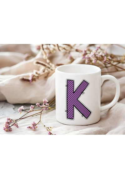 K Harfi Mor Puantiyeli Kupa Bardak - Polka Dot Tasarım Kahve Çay Bardak - Kişiye Özel Hediyelik Beyaz