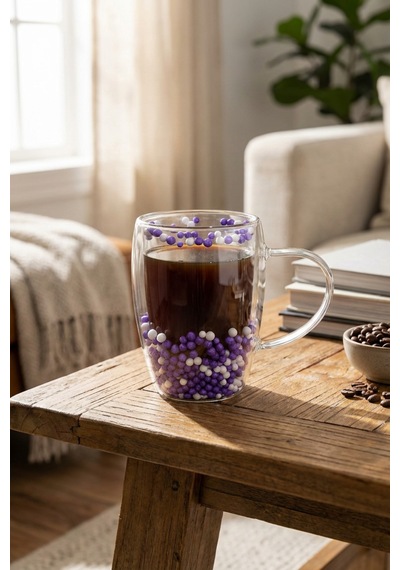 Makri Home Çift Cidarlı Mor Beyaz Cam Kupa 350 Ml Isıya Dayanıklı Çok Renkli