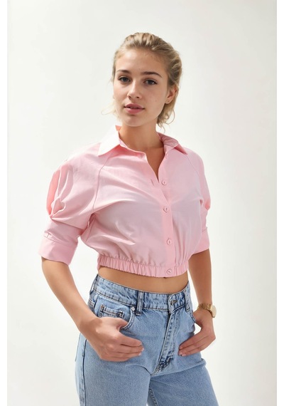 Vitrin Beli Lastikli Crop Gömlek Pudra