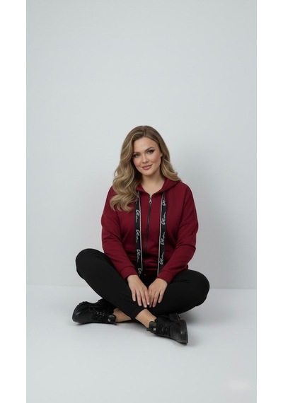 Koza Butik Kadın Büyük Beden Uzun Kollu Kapüşonlu Fermuar Detaylı Sweatshirt 2007 Bordo