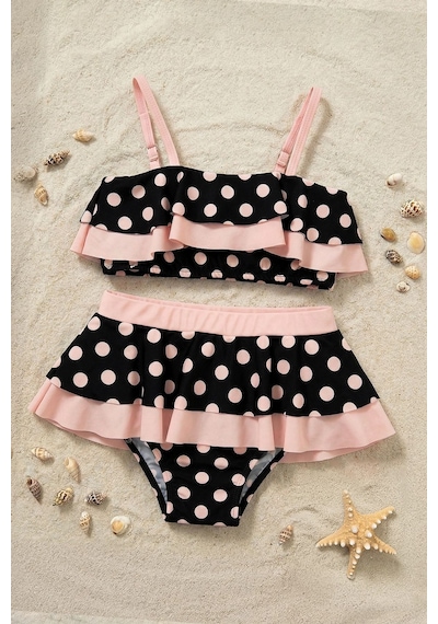 Zuzunga Puantiye Desenli Fırfırlı Siyah Renk Kız Çocuk Etekli Bikini Takımı