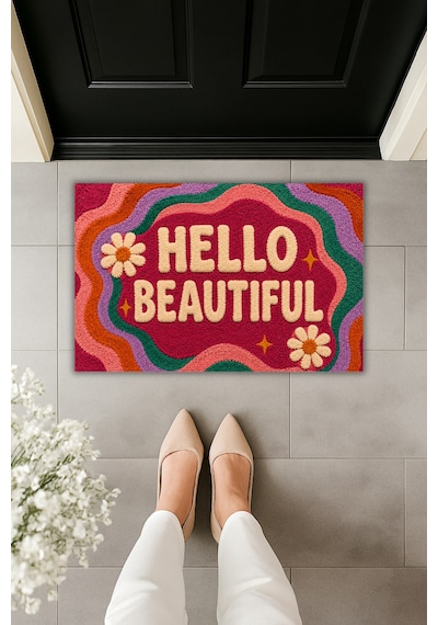 Rugmood Hello Beautıful Renkli Retro Tasarım Dekoratif Kapı Önü Paspası 70x45 Cm Çok Renkli