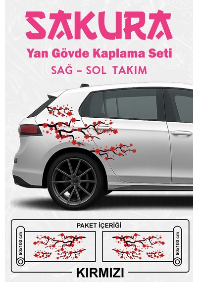 Sakura Kiraz Çiçeği - Yan Gövde Sticker Seti Kaplama Kırmızı - 864812509