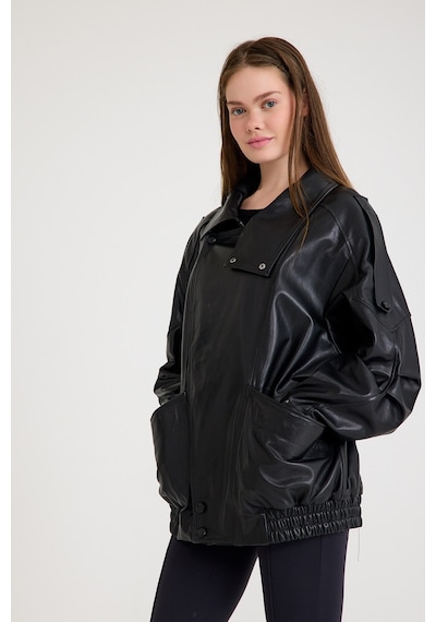 Oversize Bayan Deri Ceket Vb-20-bk-2847-24116 Siyah