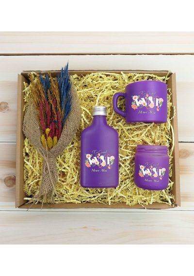 Bk Gift Kişiye Özel İsimli Dtf Anne Temalı Mor Kahve Fincanı & Kolonya & Mum & El Yapımı Kuru Çiçek Buketi Hediye Seti-4, Anneye Hediye, Anneler Günü