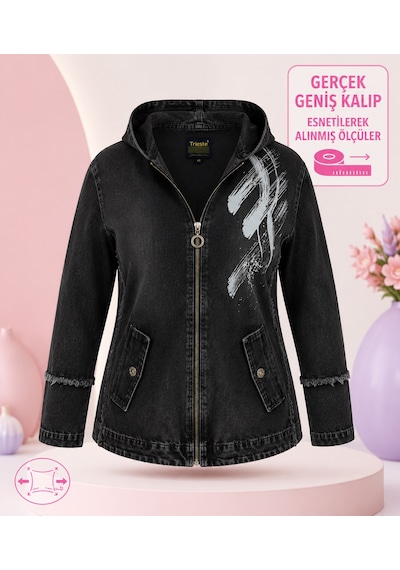 Büyük Beden Kapüşonlu Fermuarlı Baskılı Yan Cepli Denim Kadın Ceket Siyah