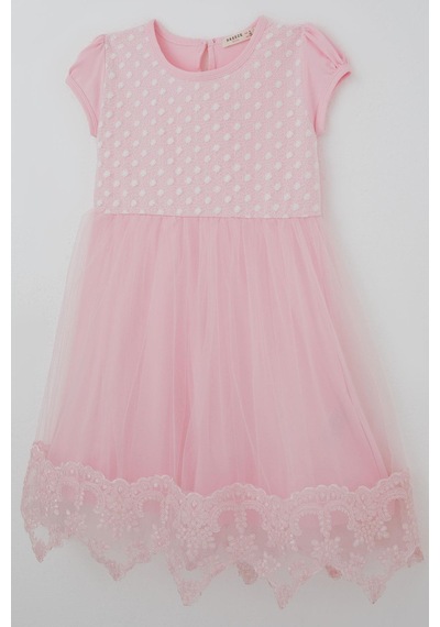 Breeze Kız Çocuk Elbise Vintage Dantel Detaylı Tüllü Çiçek Desenli Elbise 4-9 Yaş, Pembe