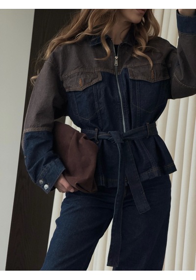 Laluvia Lacivert - Kahve Bağlamalı Ceket Pantolon Denim Takım - 0836 Lacivert