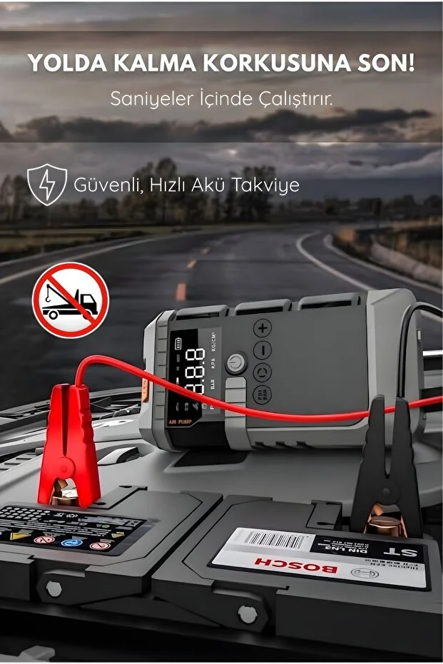 12000mah 4'ü 1 Arada Araç Akü Takviye Cihazı - Hava Kompresörü, Kablosuz Jump Starter & Powerbank