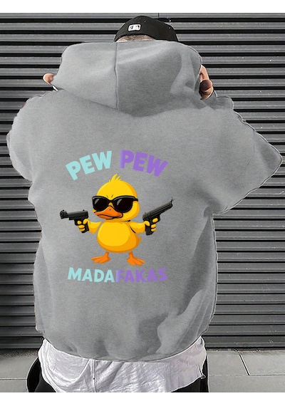Uyguntarz Unisex Pew Pew Karikatur Baskılı Tasarım Oversize Sweatshirt Gri