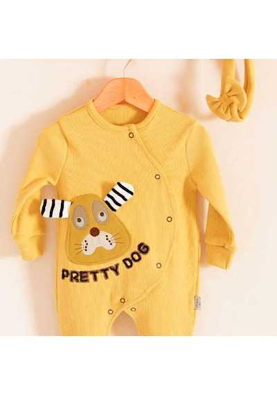 Candar 3-18 Ay Kız Bebek Tulumu Pretty Dog Nakış Bandanalı Sarı Sarı