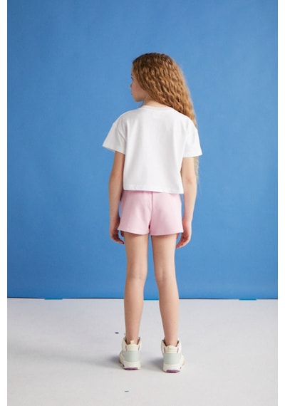 Grımelange BITTEN-GRM24024 100% pamuk baskılı ve  kontrast renk yakalı kısa kollu kız çocuk Pembe T-Shirt