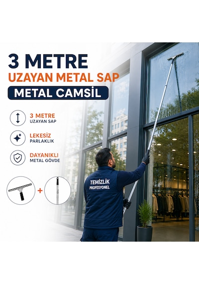 3m Uzayan Saplı Metal Camsil Seti 35 Cm Profesyonel Cam Temizleme Aparatı Açık Gri