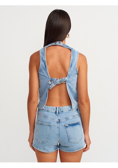 Dilvin Kruvaze Denim Şort Etek Mavi