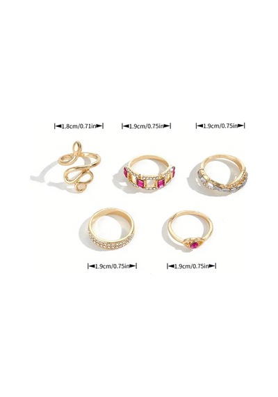 Solea - 5 Adet Parlak Pembe Taşlı Yılan Figürlü Tasarım Retro Şık Çoklu Gold Altın Yüzük Seti