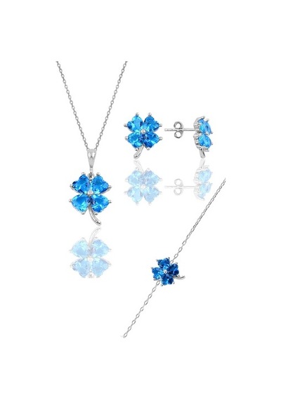 Gümüş Rodyumlu Akuamarin Renkli Yonca Modeli Üçlü Set