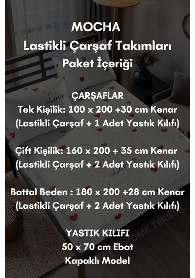 Mocha Love & Kalp Desenli Pamuklu Kumaş Lastikli Çarşaf Takımı Beyaz - Kırmızı
