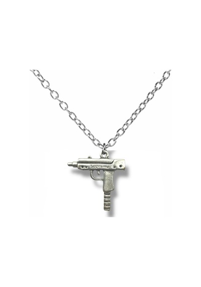 Uzi Tabanca Figürlü Kolye Gümüş Renk Zamak Metal Erkek Unisex Aksesuar Çok renkli