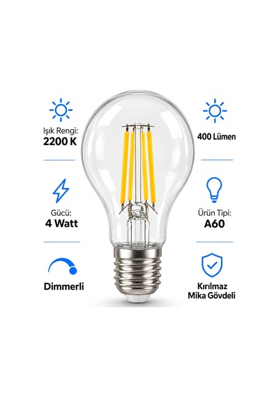 Tr A60 Dimmerli Rustik Gün Işığı 2200k Amber Led Ampul Filament E27 Duylu Filamanlı Edison Ampül Diğer