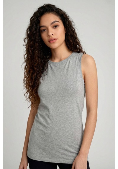 Gri Melanj Slim Fit Basic O Yaka Sıfır Kol Kadın Atlet - 97313 Gri