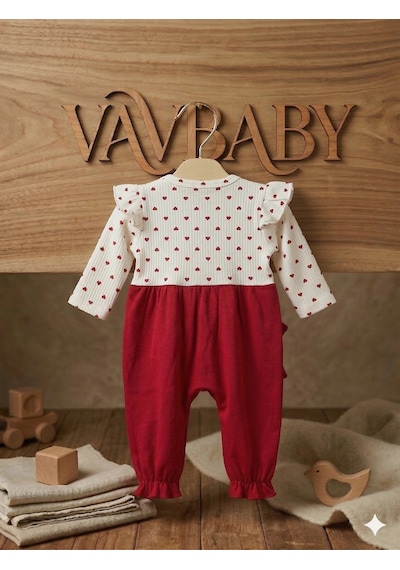 Kız Bebek Kalp Desenli Fırfırlı Body Ve Kırmızı Fiyonklu Salopet Tulum Ve Bandana Seti Çok Renkli