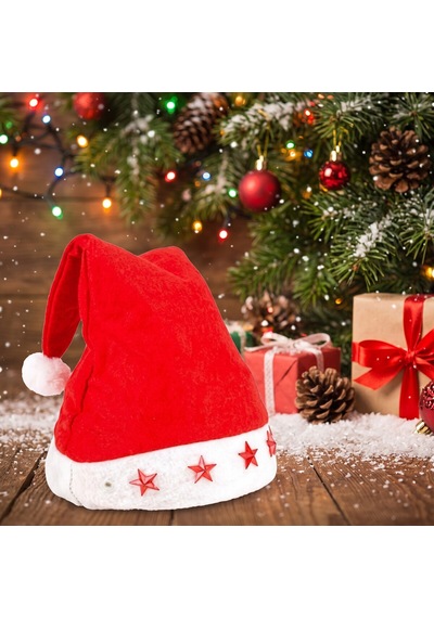 Led Işıklı Noel Baba Şapkası Kırmızı Beyaz Peluş, Yıldız Işıklı Yılbaşı Parti Aksesuarı - 9005143003056