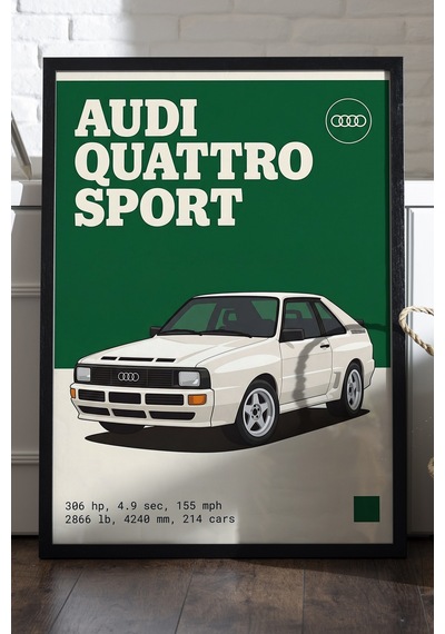Audi Quattro Sport Siyah Ahşap Çerçeveli Poster, Dekoratif Araba Duvar Tablosu