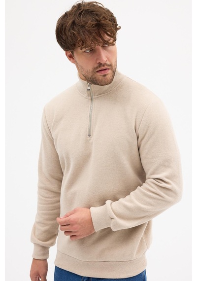 Mmetalic Erkek Bej Standart Fit Normal Kesim Pamuklu Yarım Fermuarlı Dik Yaka Pamuklu Sweatshirt Bej