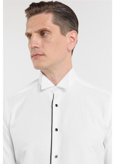 İmza Beyaz Ata Yaka Uzun Kol Cepsiz Slim Fit Pamuklu Gömlek 1004260415