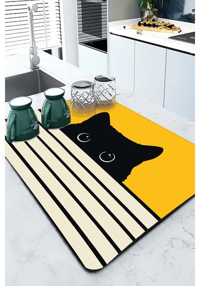 Sarı Kedi Temalı Microfiber Bulaşık Kurutma Matı Mm015