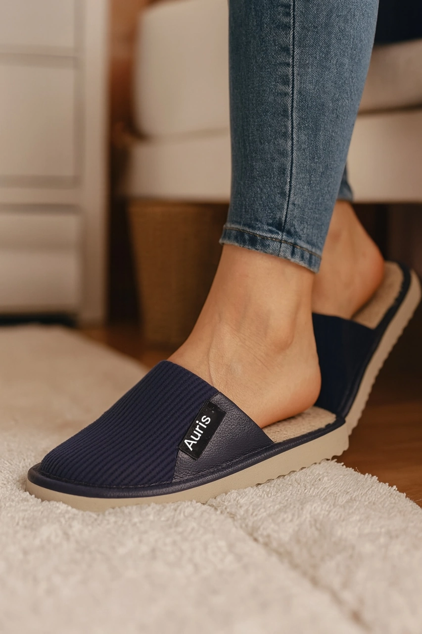 Ar-060 Unisex Kadife Kumaş İçi Kürklü Kışlık Ev Terliği Lacivert