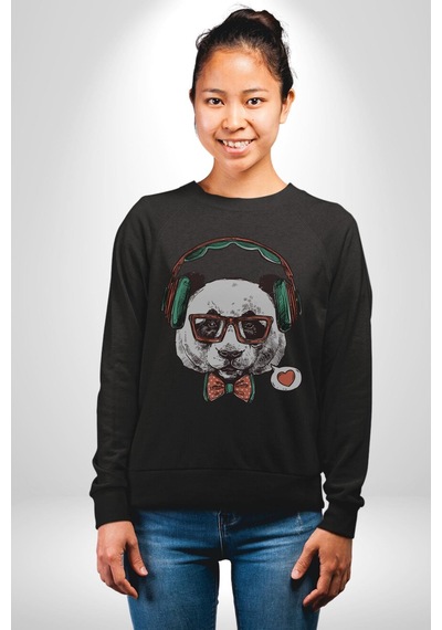 Kulaklıklı Hipster Portre Panda Unisex Siyah Baskılı Sweatshirt Siyah