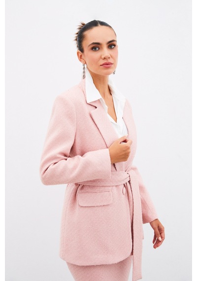Sateen Kuşaklı Tüvit Ceket - Pudra-135021 Pudra